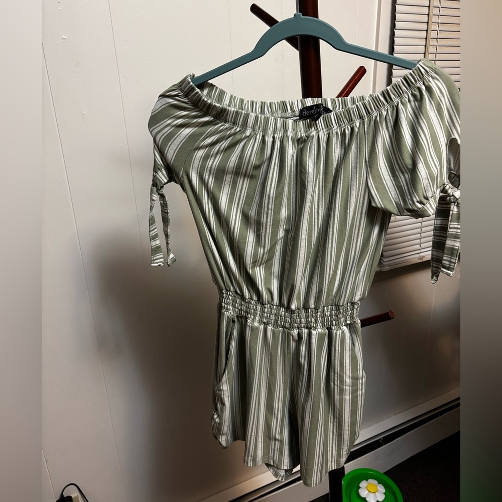 Striped Off-Shoulder Romper in Sage and White